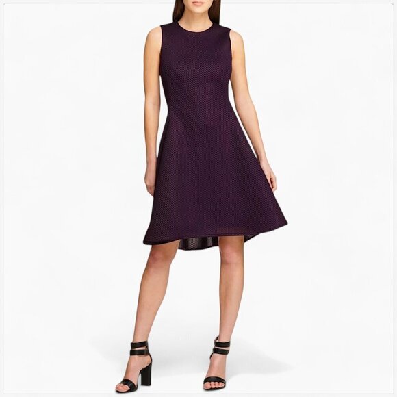 DKNY Dark Purple Mesh Seamed Fit & Flare Scuba Cocktail Party Dress 12 - Picture 1 of 4